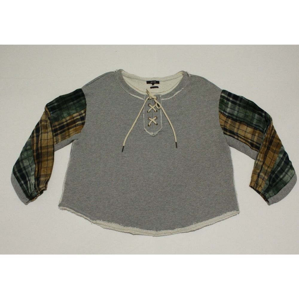Miss Me Sweater Long Sleeve Shirt Two Tone Gray w Plaid Sleeves Size Large